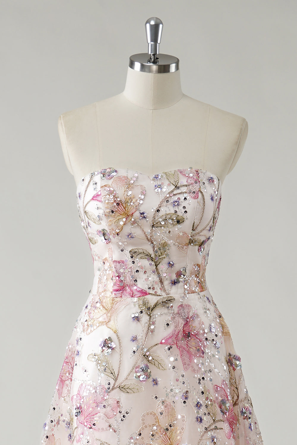 Pink Floral Embroidery Sweetheart Sequins Princess Long Prom Dress