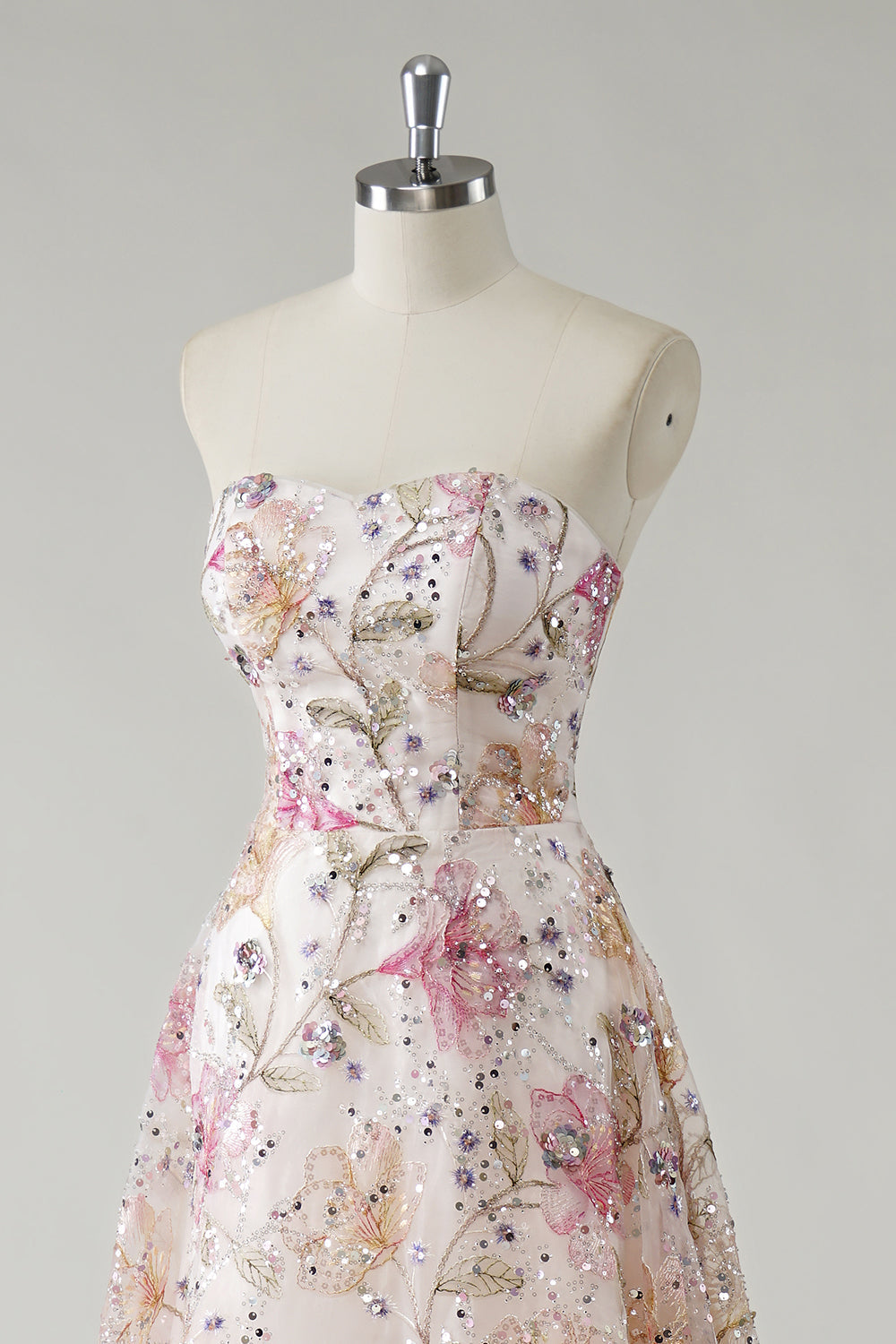 Pink Floral Embroidery Sweetheart Sequins Princess Long Prom Dress