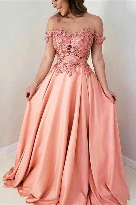 Pink Flowers Sweetheart Off-the-Shoulder A-Line Prom Dresses-misshow.com