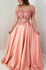 Pink Flowers Sweetheart Off-the-Shoulder A-Line Prom Evening Dresses-misshow.com