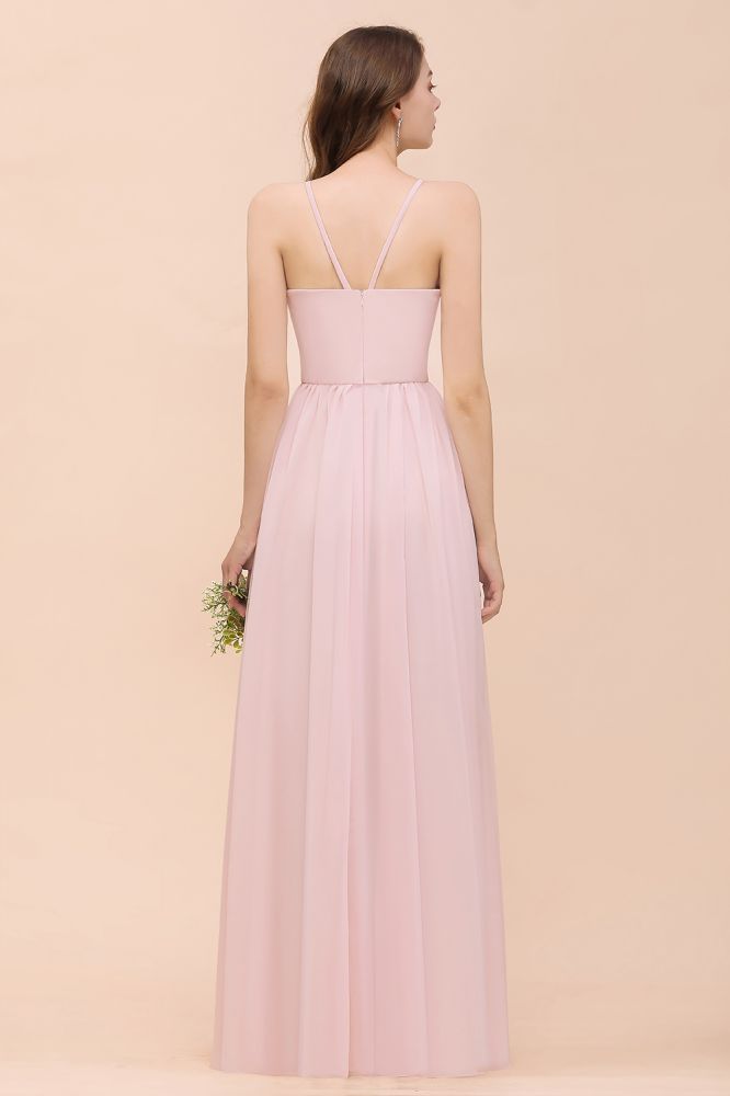 Pink Girls Bridesmaid Dress Halter Floor Length Chiffon Beach Wedding Party Dress | MISSHOW Pink Girls Bridesmaid Dress Halter Floor Length Chiffon Beach Wedding Party Dress | MISSHOW
