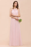 Pink Girls Bridesmaid Dress Halter Floor Length Chiffon Beach Wedding Party Dress-misshow.com