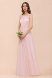 Pink Girls Bridesmaid Dress Halter Floor Length Chiffon Beach Wedding Party Dress-misshow.com