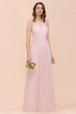 Pink Girls Bridesmaid Dress Halter Floor Length Chiffon Beach Wedding Party Dress-misshow.com