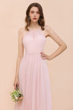Pink Girls Bridesmaid Dress Halter Floor Length Chiffon Beach Wedding Party Dress-misshow.com