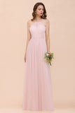 Pink Girls Bridesmaid Dress Halter Floor Length Chiffon Beach Wedding Party Dress-misshow.com