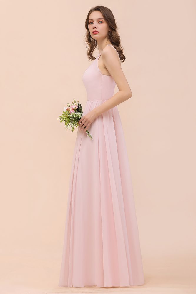 Pink Girls Bridesmaid Dress Halter Floor Length Chiffon Beach Wedding Party Dress | MISSHOW Pink Girls Bridesmaid Dress Halter Floor Length Chiffon Beach Wedding Party Dress | MISSHOW