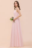 Pink Girls Bridesmaid Dress Halter Floor Length Chiffon Beach Wedding Party Dress-misshow.com