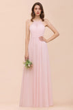 Pink Girls Bridesmaid Dress Halter Floor Length Chiffon Beach Wedding Party Dress-misshow.com