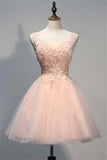 Pink Lace Short Prom Dresses Evening Dresses With Lace Appliques A Line Tulle Evening Wear-misshow.com