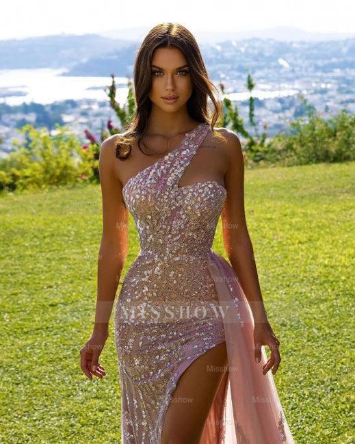 Pink Lace Sleeveless Long Sexy Evening Dress with Glitter misshow.com Pink Lace Sleeveless Long Sexy Evening Dress with Glitter misshow.com