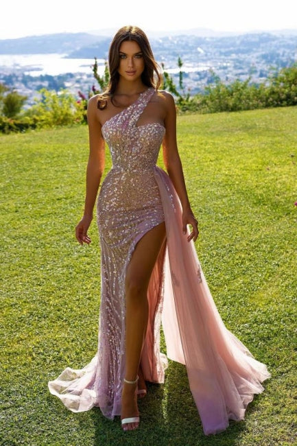 Pink Lace Sleeveless Long Sexy Evening Dress with Glitter-misshow.com