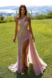 Pink Lace Sleeveless Long Sexy Evening Dress with Glitter-misshow.com