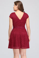 Plus Size A-Line Jewel Burgundy Lace Bridesmaid Dresses with Short Sleeves