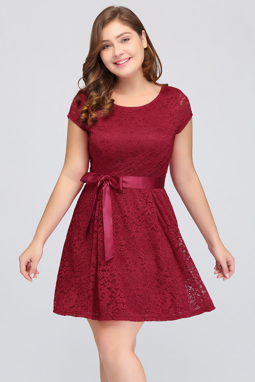 Plus Size A-Line Jewel Burgundy Lace Bridesmaid Dresses with Short Sleeves