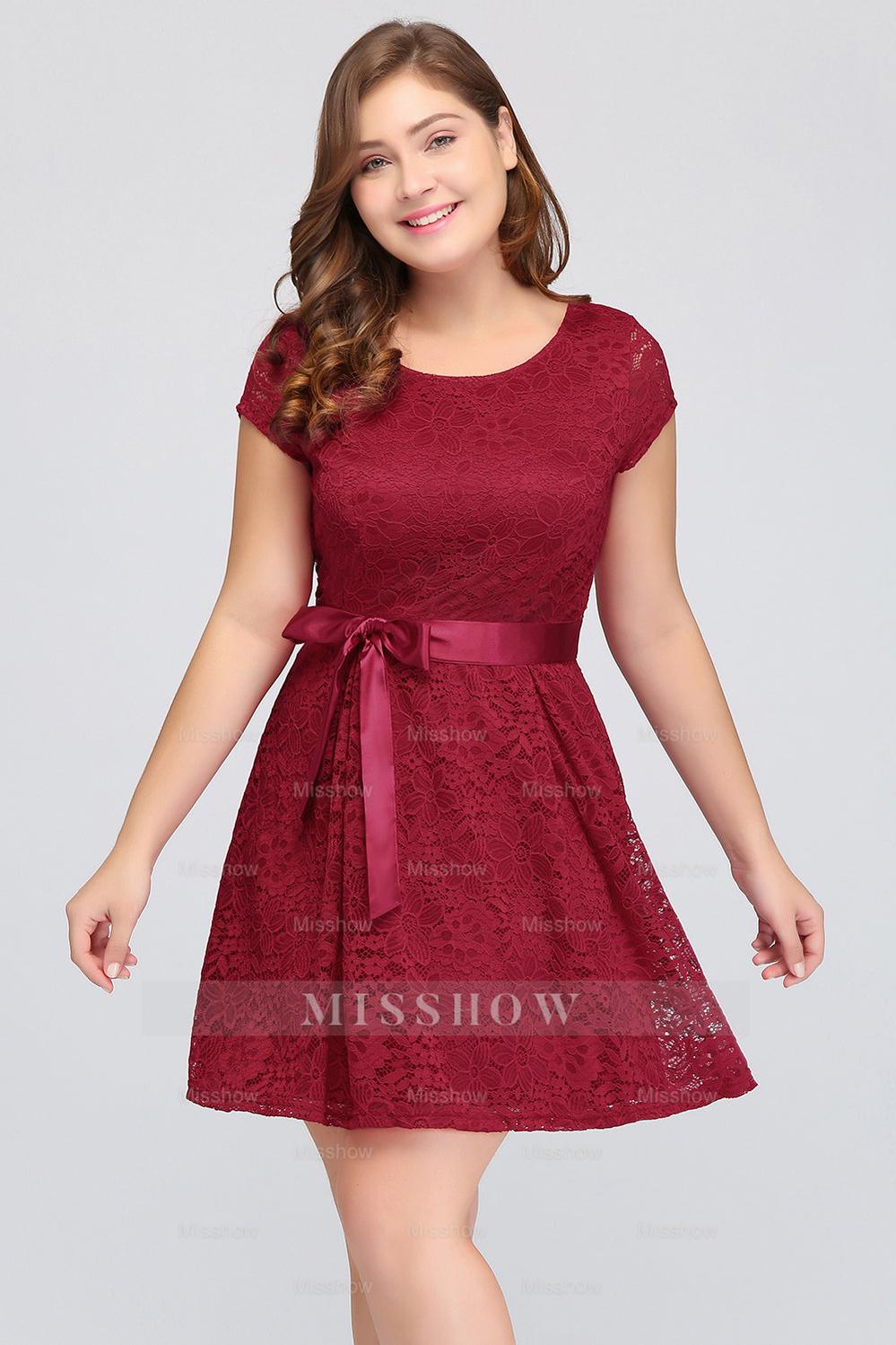 Plus Size A-Line Jewel Burgundy Lace Bridesmaid Dresses with Short Sleeves Plus Size A-Line Jewel Burgundy Lace Bridesmaid Dresses with Short Sleeves