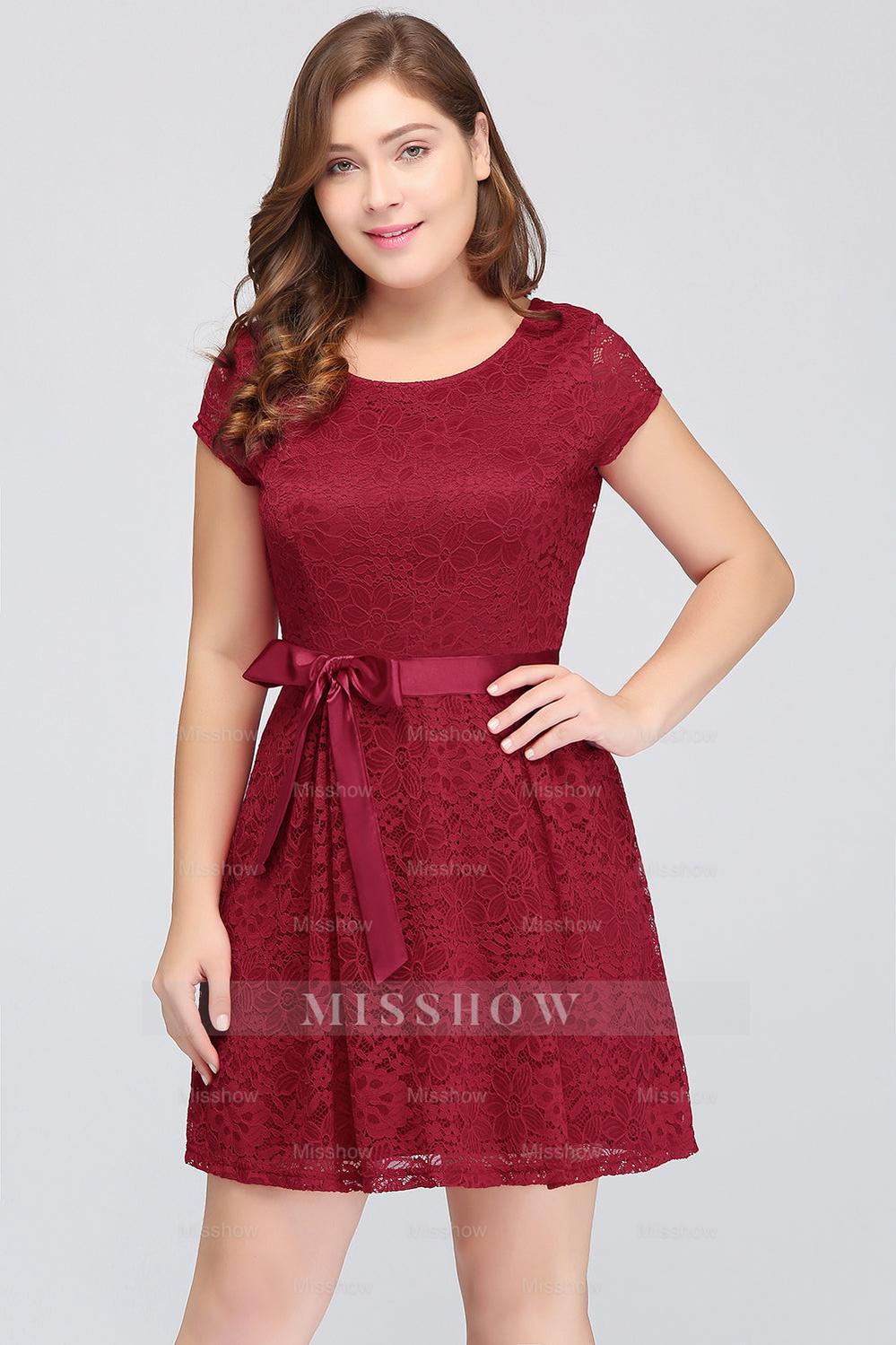 Plus Size A-Line Jewel Burgundy Lace Bridesmaid Dresses with Short Sle misshow.com Plus Size A-Line Jewel Burgundy Lace Bridesmaid Dresses with Short Sle misshow.com