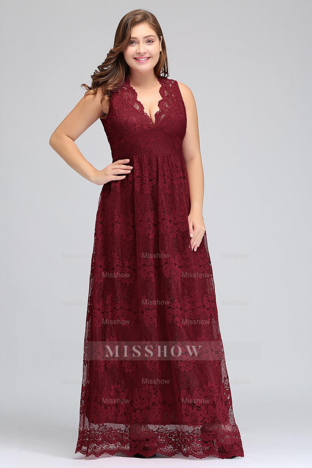 Plus Size A-Line V-Neck Burgundy Lace Bridesmaid Dresses Plus Size A-Line V-Neck Burgundy Lace Bridesmaid Dresses