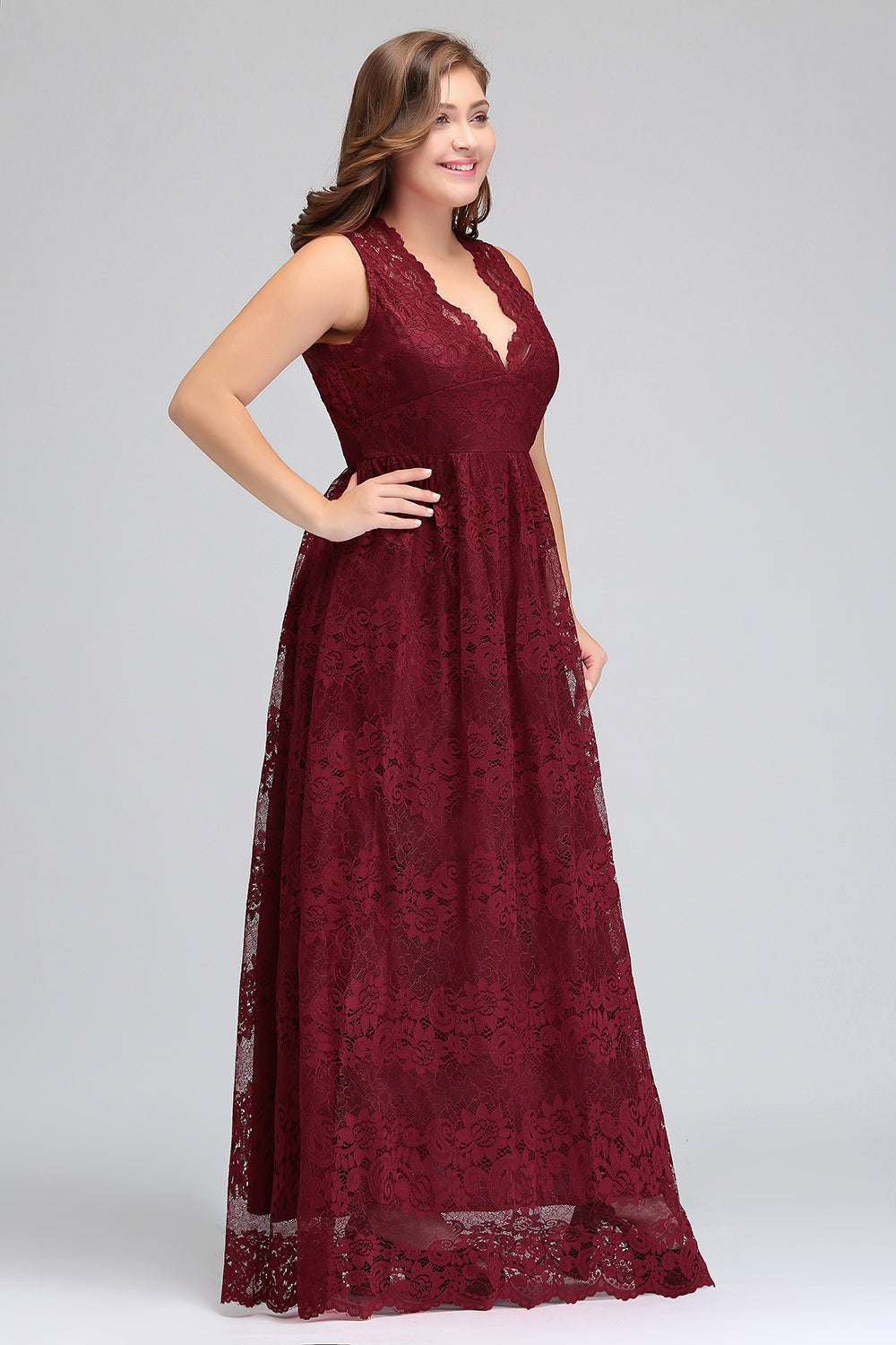 Plus Size A-Line V-Neck Burgundy Lace Bridesmaid Dresses