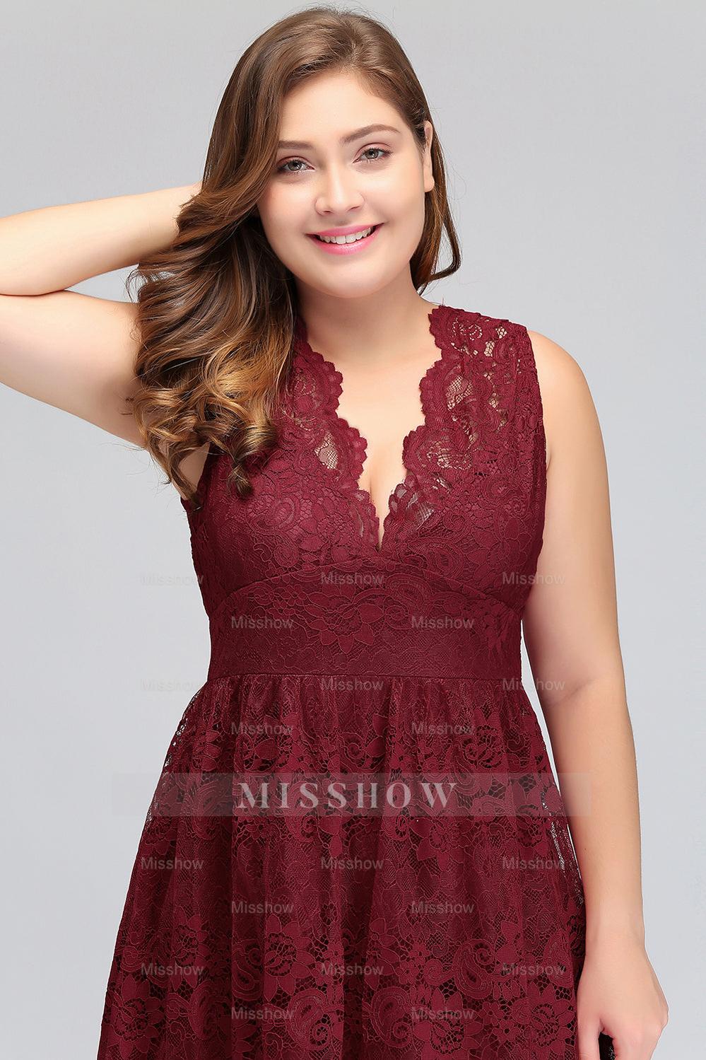 Plus Size A-Line V-Neck Burgundy Lace Bridesmaid Dresses misshow.com Plus Size A-Line V-Neck Burgundy Lace Bridesmaid Dresses misshow.com