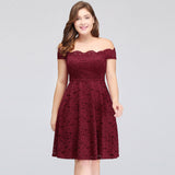 Looking for plussizedress in Lace, A-line style, and Gorgeous Lace work  MISSHOW has all covered on this elegant Plus size Burgundy A-Line Off-Shoulder Knee Length Lace Cocktail Dresses.