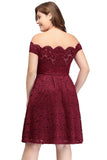 Looking for plussizedress in Lace, A-line style, and Gorgeous Lace work  MISSHOW has all covered on this elegant Plus size Burgundy A-Line Off-Shoulder Knee Length Lace Cocktail Dresses.