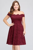 Looking for plussizedress in Lace, A-line style, and Gorgeous Lace work  MISSHOW has all covered on this elegant Plus size Burgundy A-Line Off-Shoulder Knee Length Lace Cocktail Dresses.