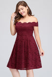 Looking for plussizedress in Lace, A-line style, and Gorgeous Lace work  MISSHOW has all covered on this elegant Plus size Burgundy A-Line Off-Shoulder Knee Length Lace Cocktail Dresses.