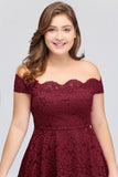 Looking for plussizedress in Lace, A-line style, and Gorgeous Lace work  MISSHOW has all covered on this elegant Plus size Burgundy A-Line Off-Shoulder Knee Length Lace Cocktail Dresses.