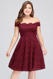 Looking for plussizedress in Lace, A-line style, and Gorgeous Lace work  MISSHOW has all covered on this elegant Plus size Burgundy A-Line Off-Shoulder Knee Length Lace Cocktail Dresses.