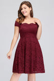 Plus size Burgundy A-Line Off-Shoulder Knee Length Lace Cocktail Dresses