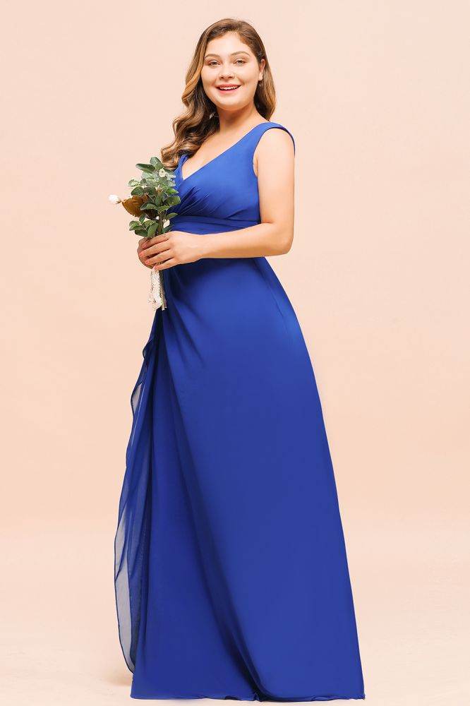 Plus Size Chiffon Sleeveless Royal Blue Bridesmaid Dress V-neck Simple Wedding Dress | MISSHOW Plus Size Chiffon Sleeveless Royal Blue Bridesmaid Dress V-neck Simple Wedding Dress | MISSHOW