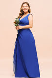 Plus Size Chiffon Sleeveless Royal Blue Bridesmaid Dress V-neck Simple Wedding Dress-misshow.com