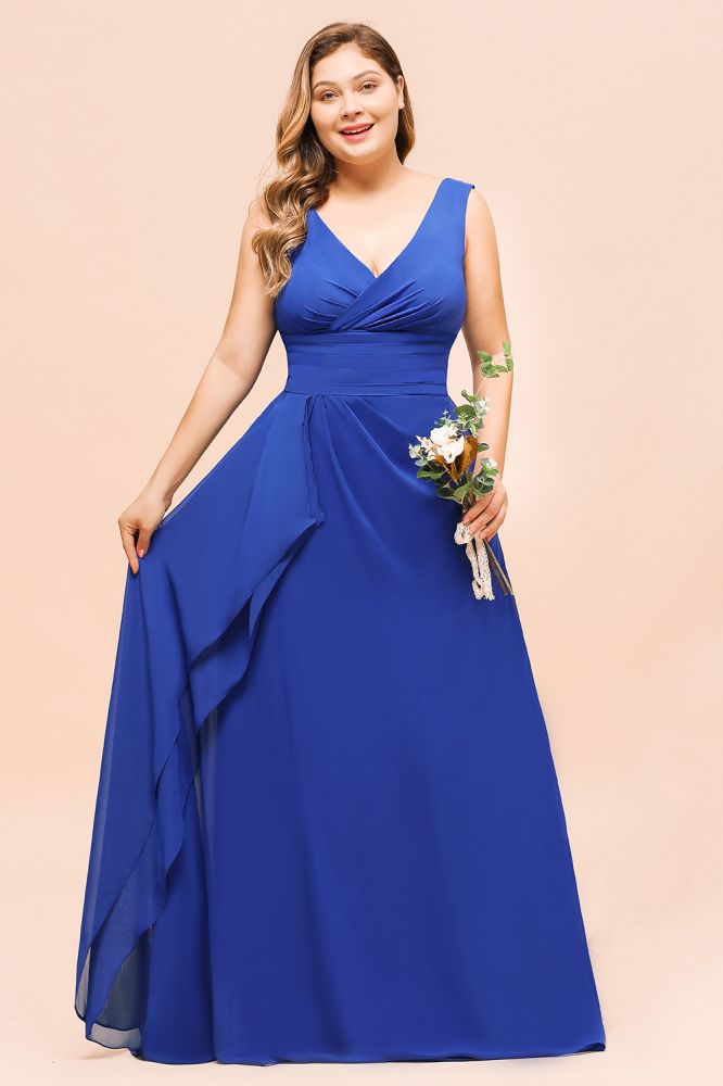 Plus Size Chiffon Sleeveless Royal Blue Bridesmaid Dress V-neck Simple Wedding Dress | MISSHOW Plus Size Chiffon Sleeveless Royal Blue Bridesmaid Dress V-neck Simple Wedding Dress | MISSHOW