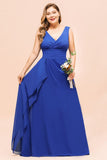 Plus Size Chiffon Sleeveless Royal Blue Bridesmaid Dress V-neck Simple Wedding Dress-misshow.com