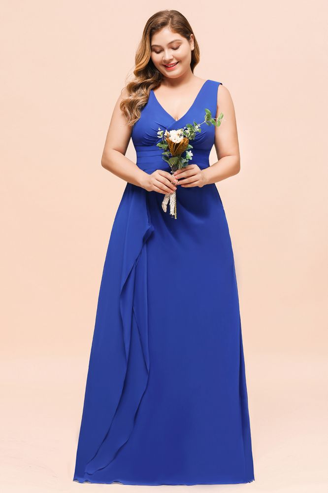Plus Size Chiffon Sleeveless Royal Blue Bridesmaid Dress V-neck Simple Wedding Dress-misshow.com