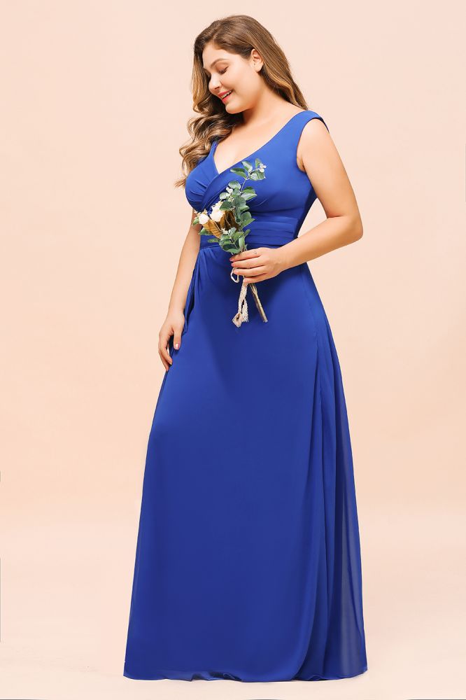 Plus Size Chiffon Sleeveless Royal Blue Bridesmaid Dress V-neck Simple Wedding Dress | MISSHOW Plus Size Chiffon Sleeveless Royal Blue Bridesmaid Dress V-neck Simple Wedding Dress | MISSHOW