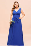 Plus Size Chiffon Sleeveless Royal Blue Bridesmaid  Dress V-neck Simple Wedding Dress