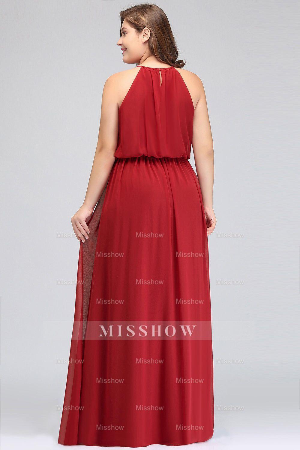 Plus Size Elegant Halter Red Chiffon Long Bridesmaid dresses with Ruffle Plus Size Elegant Halter Red Chiffon Long Bridesmaid dresses with Ruffle