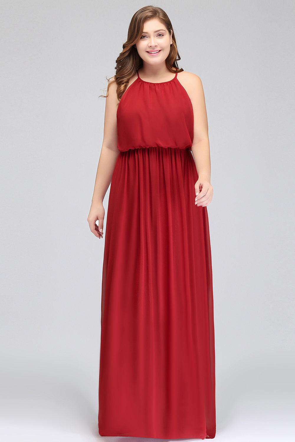Plus Size Elegant Halter Red Chiffon Long Bridesmaid dresses with Ruffle
