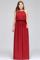 Plus Size Elegant Halter Red Chiffon Long Bridesmaid dresses with Ruffle