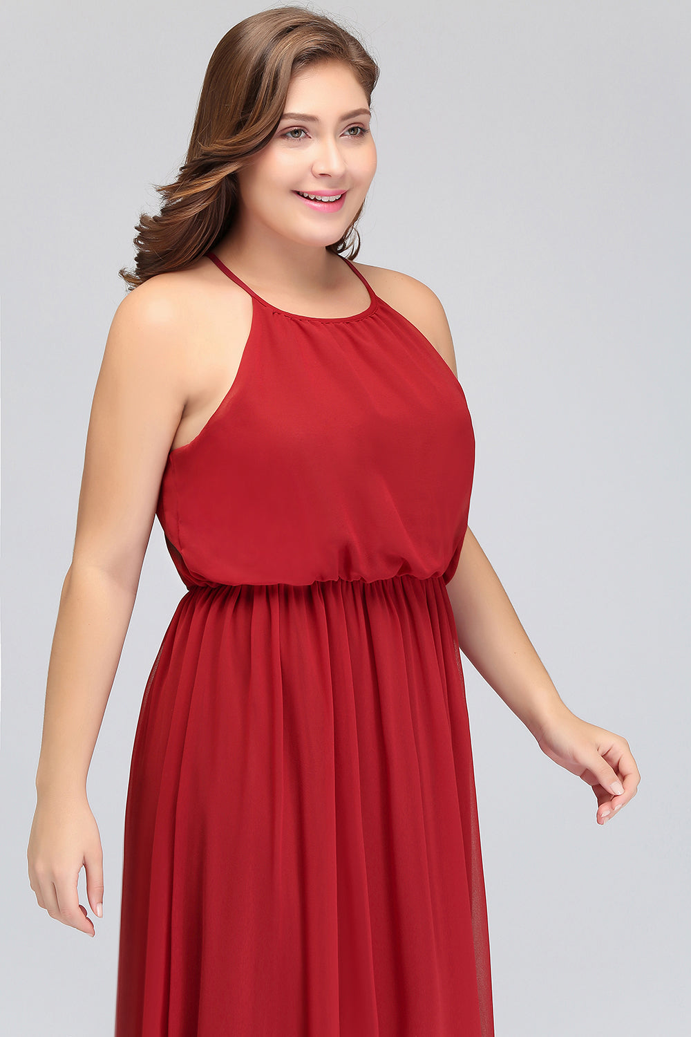 Plus Size Elegant Halter Red Chiffon Long Bridesmaid dresses with Ruffle