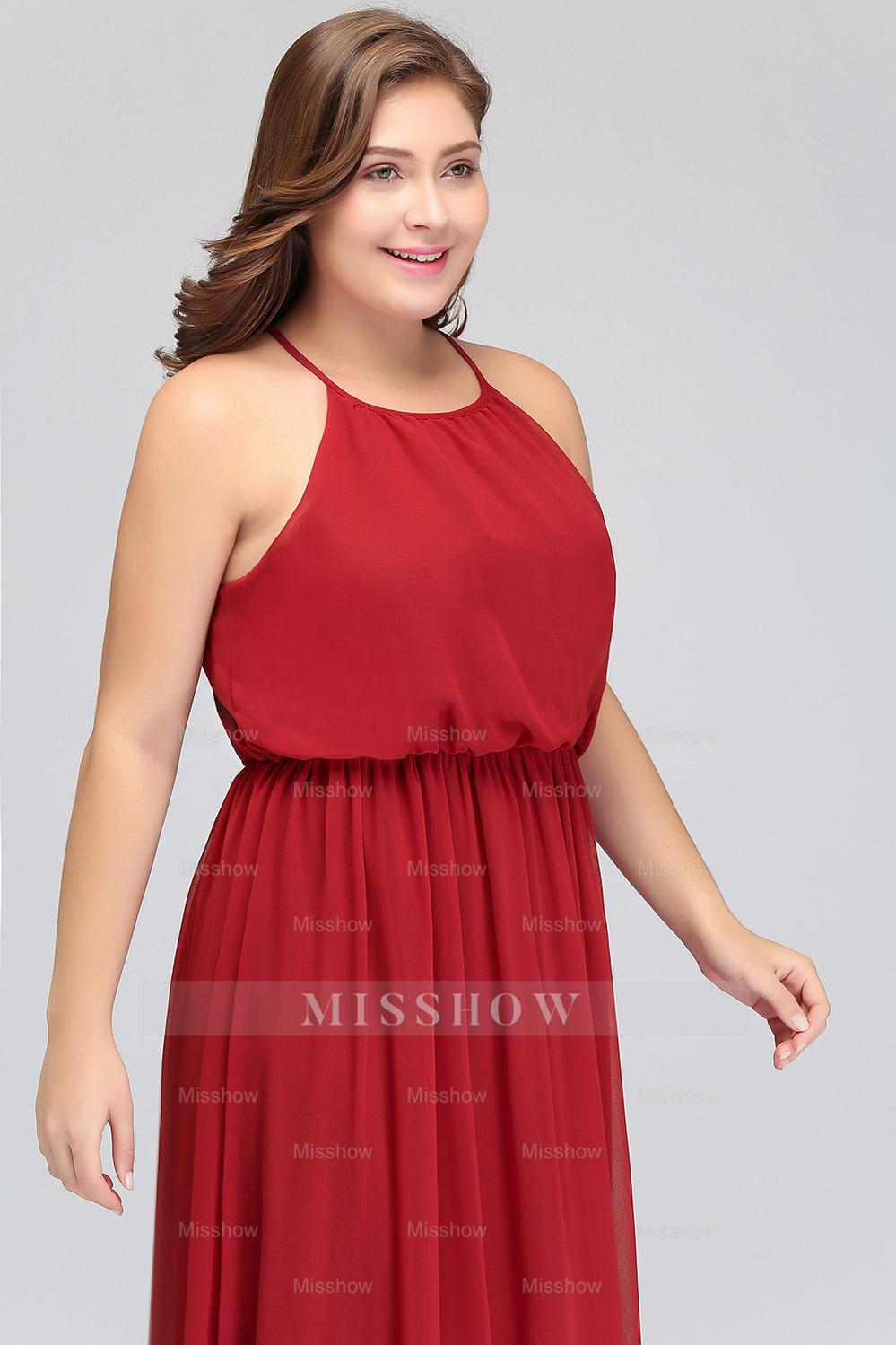 Plus Size Elegant Halter Red Chiffon Long Bridesmaid dresses with Ruffle Plus Size Elegant Halter Red Chiffon Long Bridesmaid dresses with Ruffle