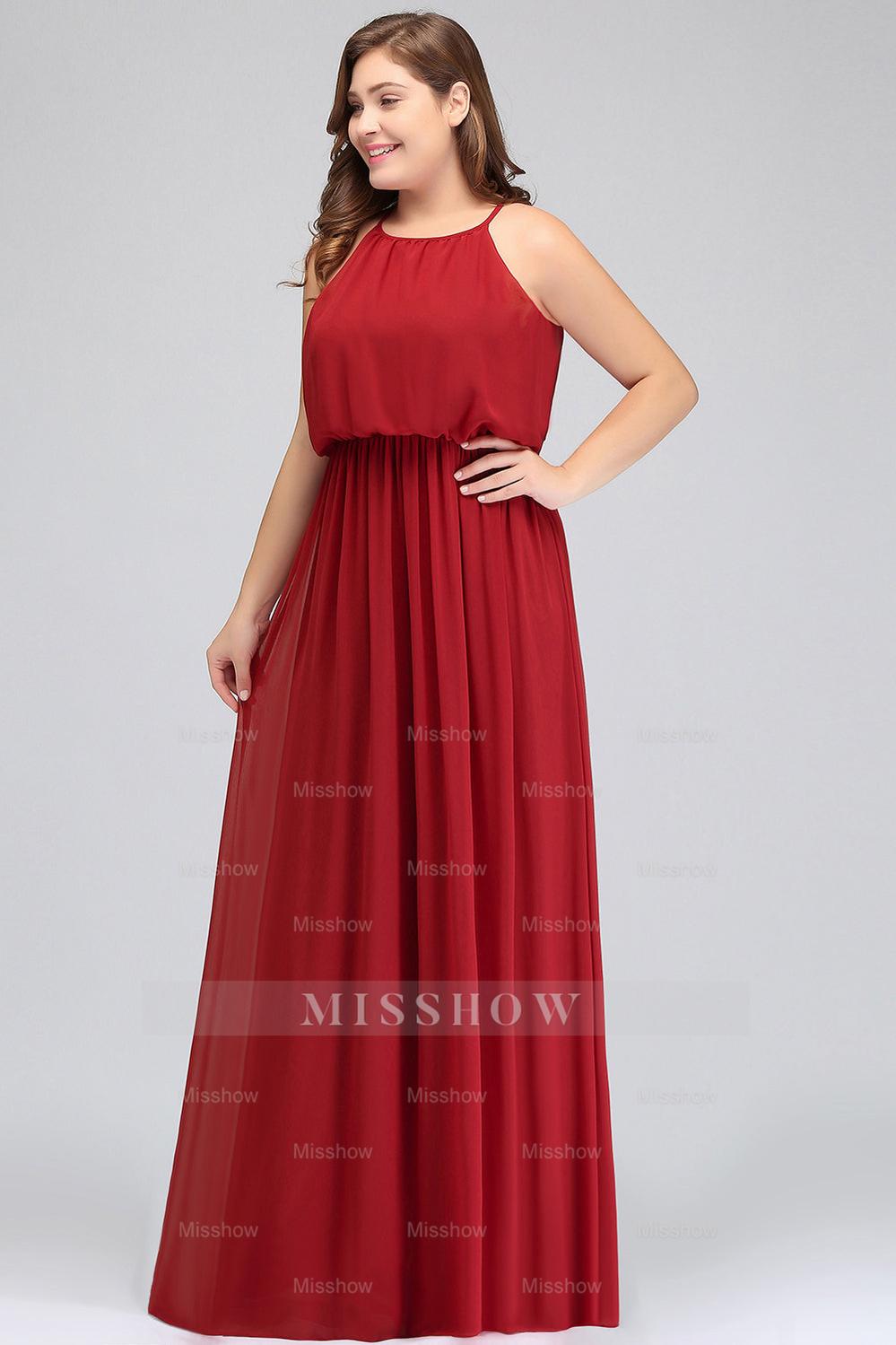Plus Size Elegant Halter Red Chiffon Long Bridesmaid dresses with Ruffle Plus Size Elegant Halter Red Chiffon Long Bridesmaid dresses with Ruffle