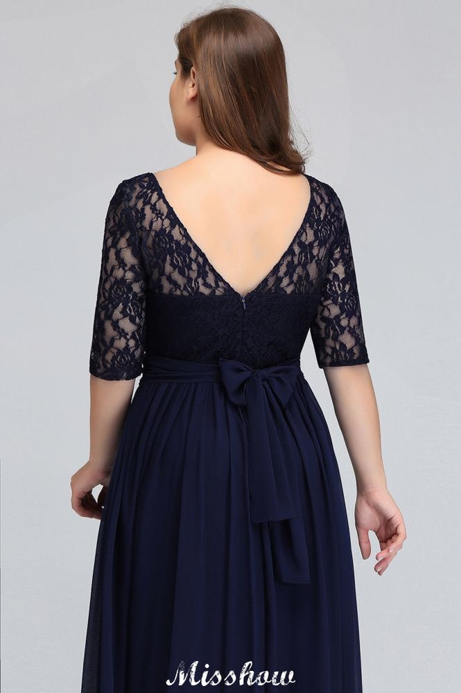 Plus Size Floral Lace A-line Evening Maxi Dress Half Sleeves Party Dress-misshow.com