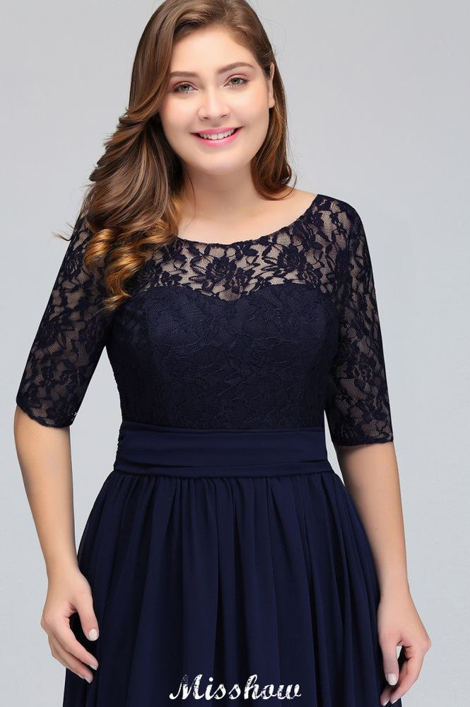 Plus Size Floral Lace A-line Evening Maxi Dress Half Sleeves Party Dress-misshow.com