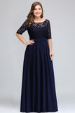 Plus Size Floral Lace A-line Evening Maxi Dress Half Sleeves Party Dress