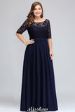 Plus Size Floral Lace A-line Evening Maxi Dress Half Sleeves Party Dress-misshow.com