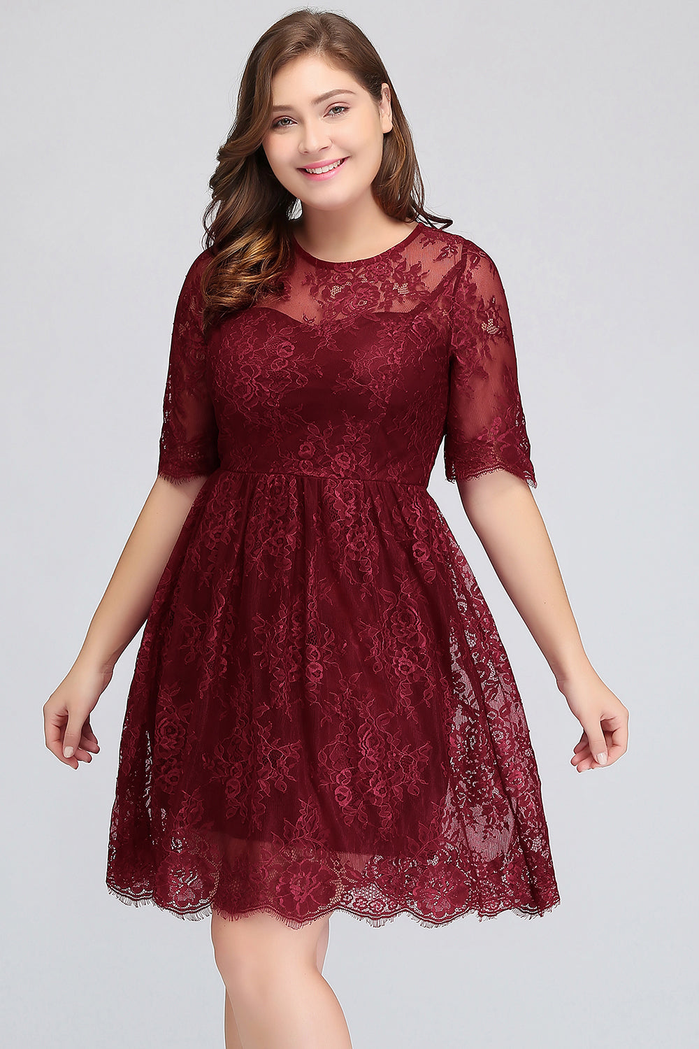 Plus size Jewel Burgundy Affordable Bridesmaid Dresses with Short Sleeves