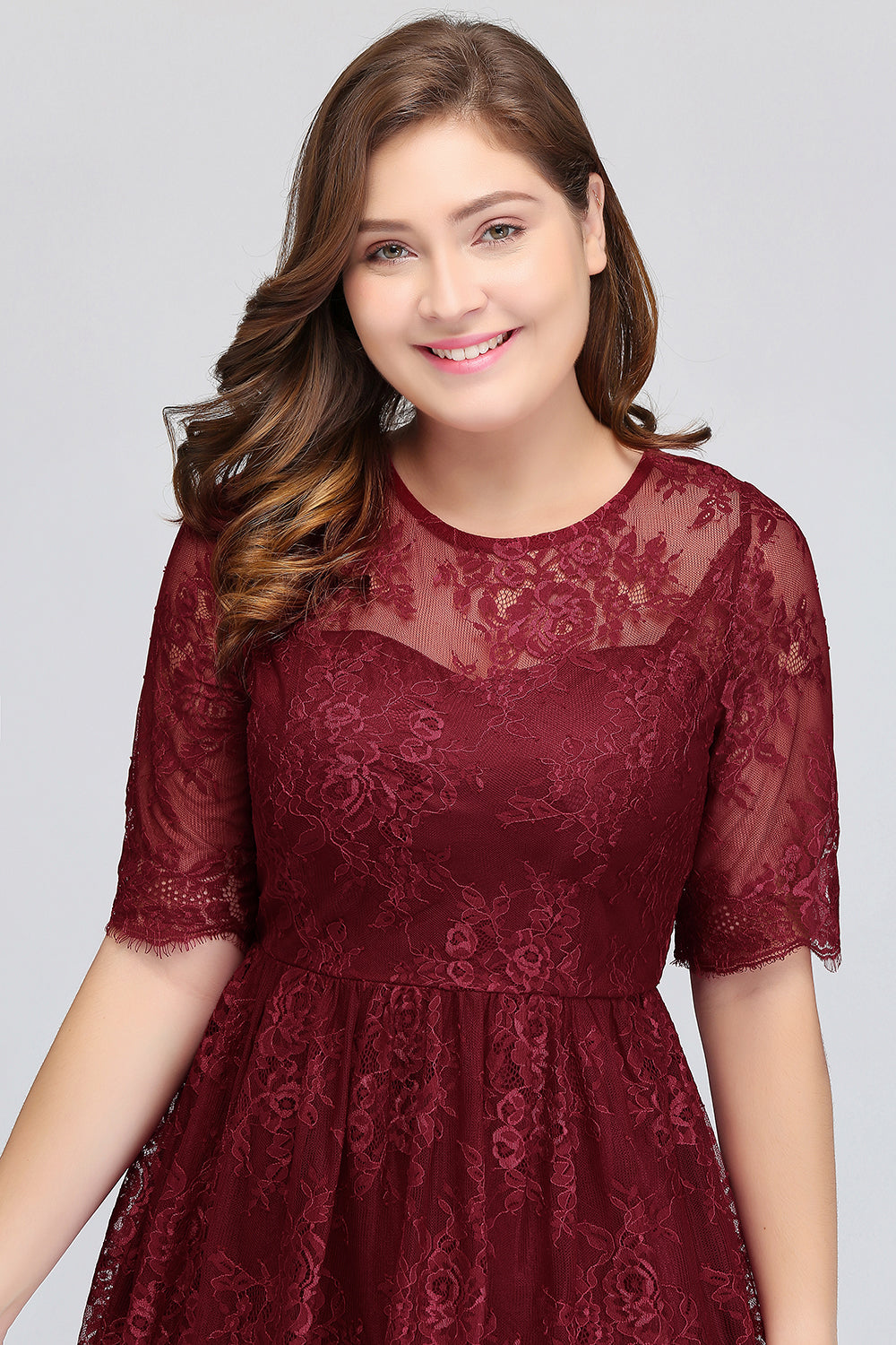 Plus size Jewel Burgundy Affordable Bridesmaid Dresses with Short Sleeves